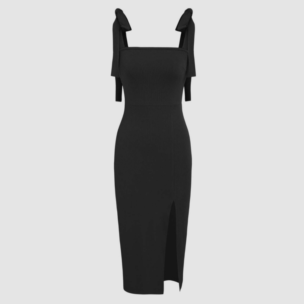 New NWT Cider Black Square Neck Bowknot Split Midi Dress